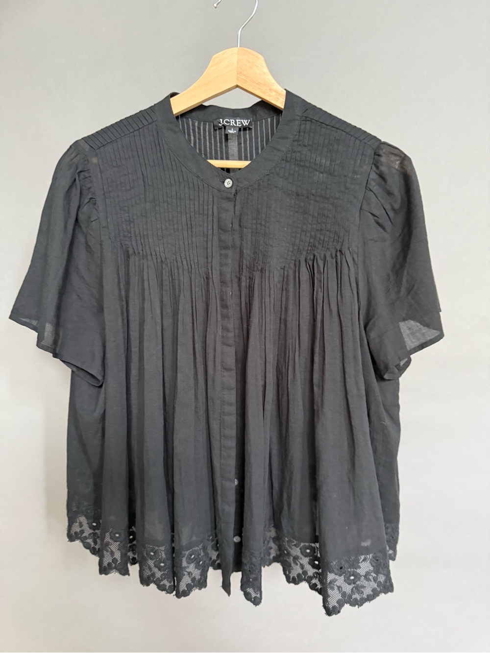 J.Crew Black Pintuck Lace Trim Breezy Blouse Top L